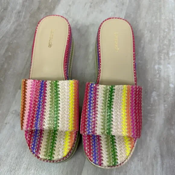 Larroude Alex Flatform Mule In Rainbow Raffia Size 10 stripes - Picture 2 of 7